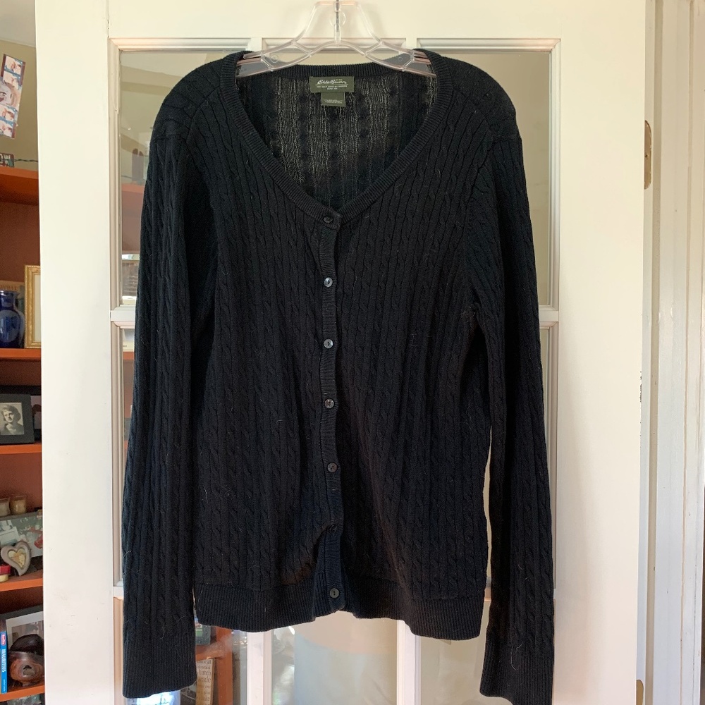 Eddie Bauer Cable Knit Black Cardigan Sweater XL